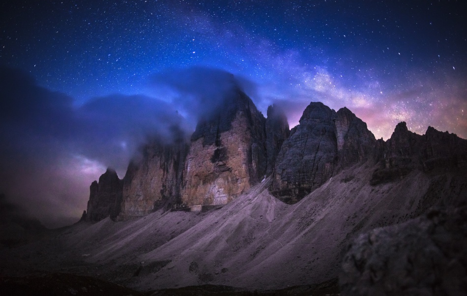 Low moon and Milky way on the "Tre Cime di Lavaredo"