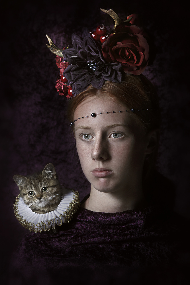 Regal Girl with Kitten by Carola Kayen-Mouthaan — canvas wall art