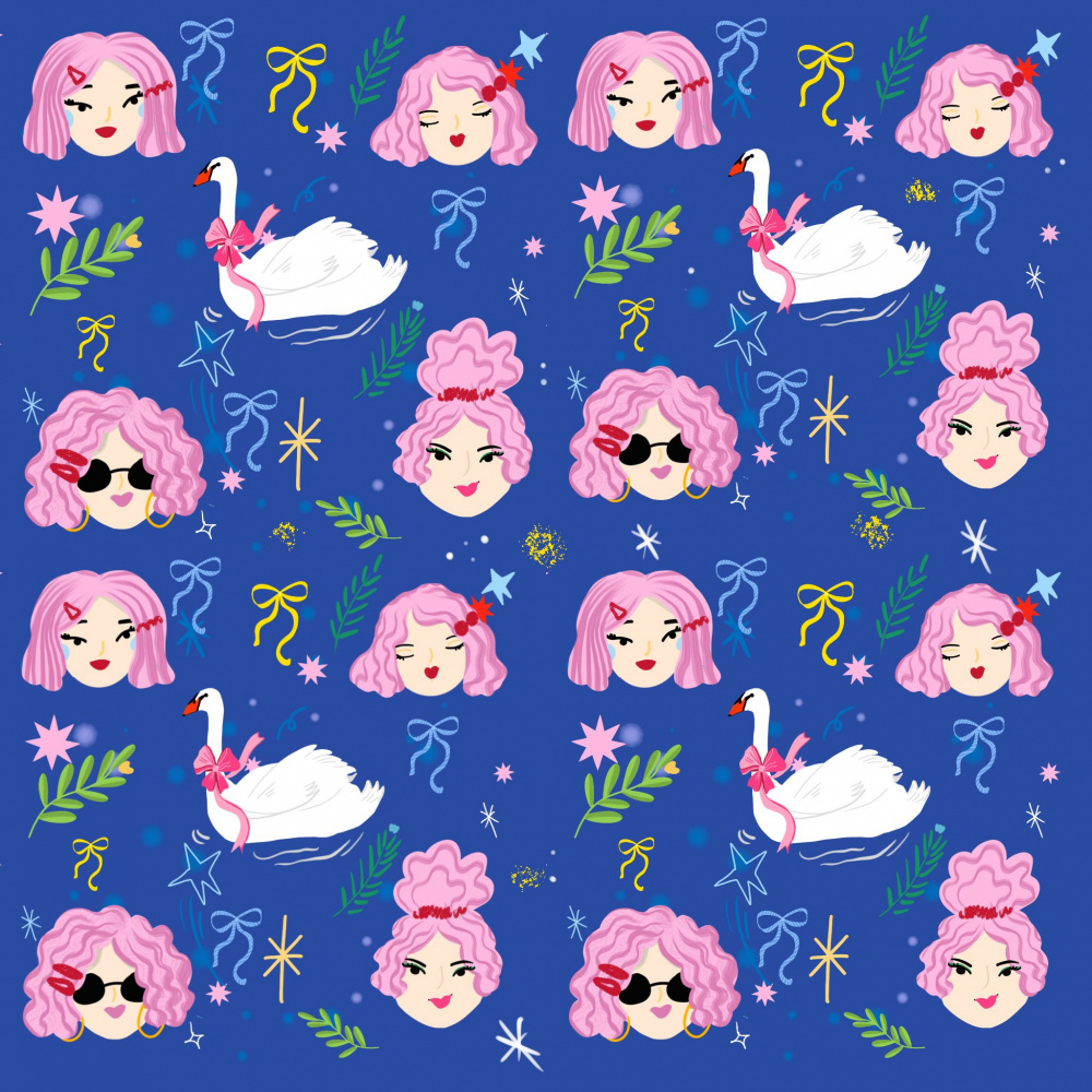 Whimsical Girls Swans Pattern by sucidraw — canvas wall art