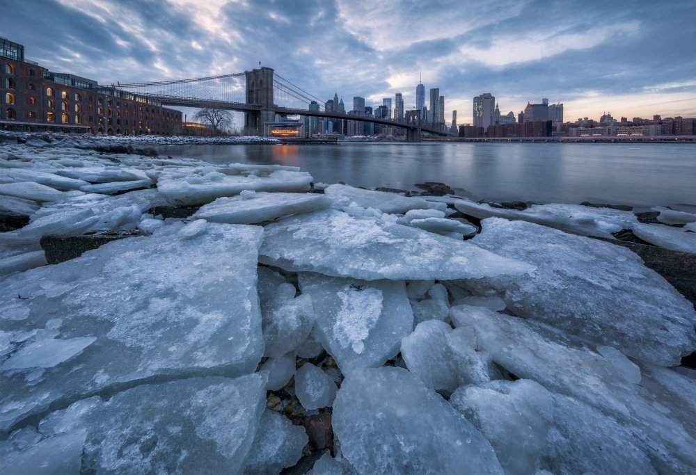 Icy Brooklyn Bridge Dawn by Johnny Chen — canvas wall art