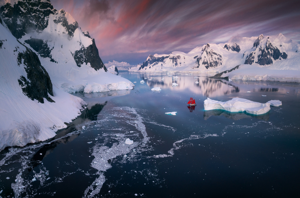 Antarctica Mountains Red Boat by Karol Nienartowicz — canvas wall art