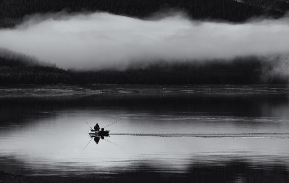 Misty Lake Fishing by Julien Oncete — canvas wall art
