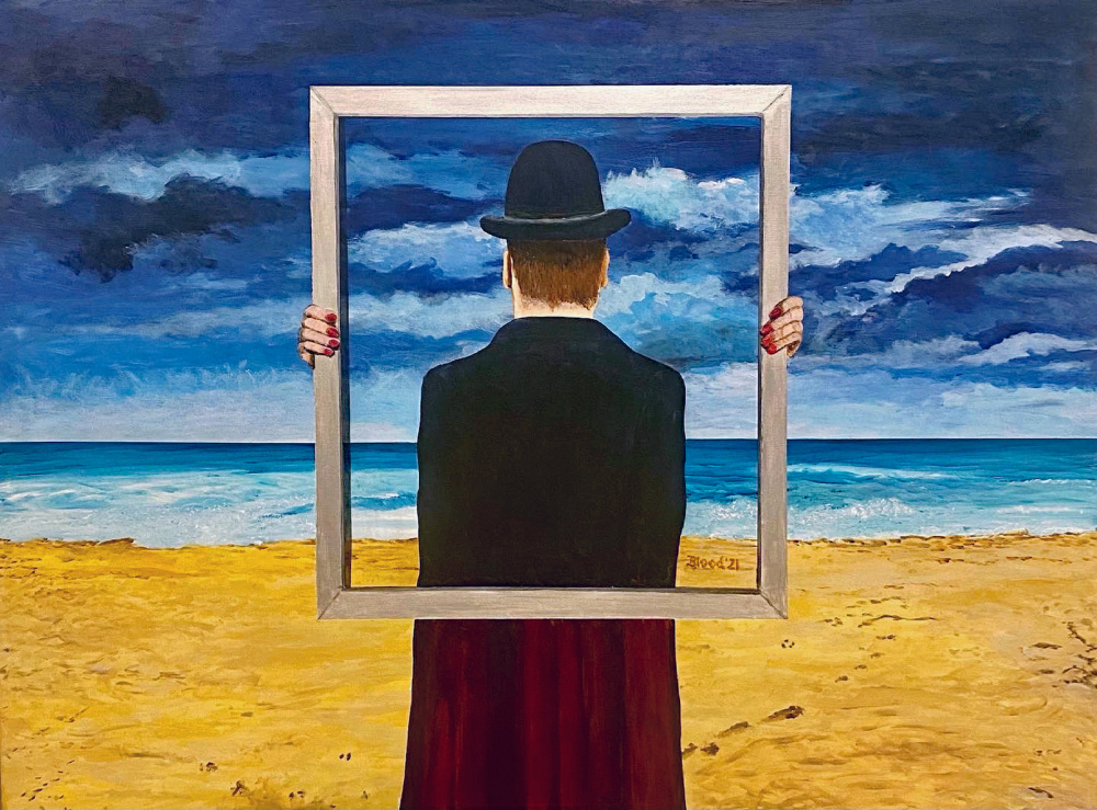 Man Holding Framed Beach by Tom Blood — canvas wall art