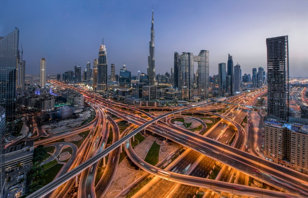 Dubai Night Skyline Roads by Rana Jabeen — canvas wall art