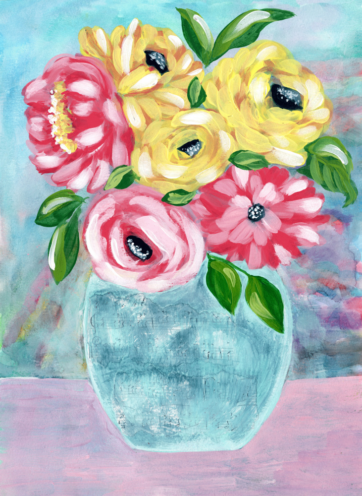 Happy Blooms in Vase by Jasmine Goodwin — canvas wall art
