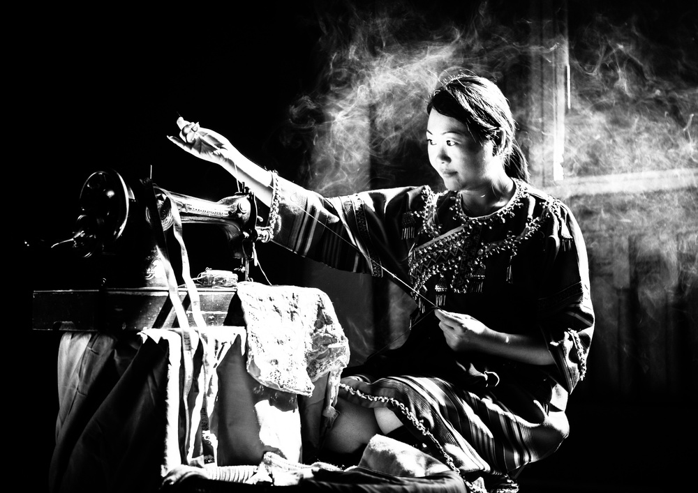 Woman Sewing Traditional Clothing by TORU MATSUNAGA — canvas wall art