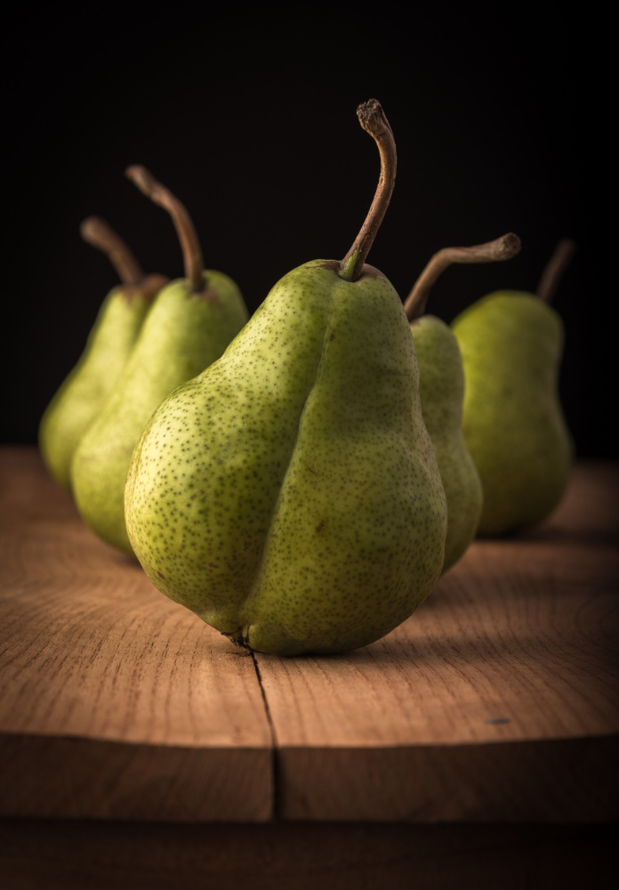 Moody Green Pears Still Life by Sumit Dhuper — canvas wall art