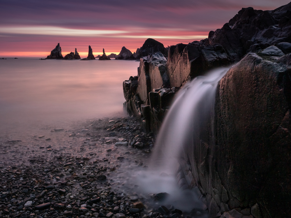 Purple Sky Coastal Waterfall by Alberto García — canvas wall art