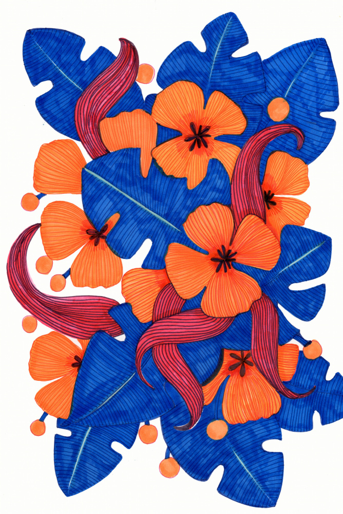 Hawaiian Orange and Blue Florals by Katie O'Shea — canvas wall art