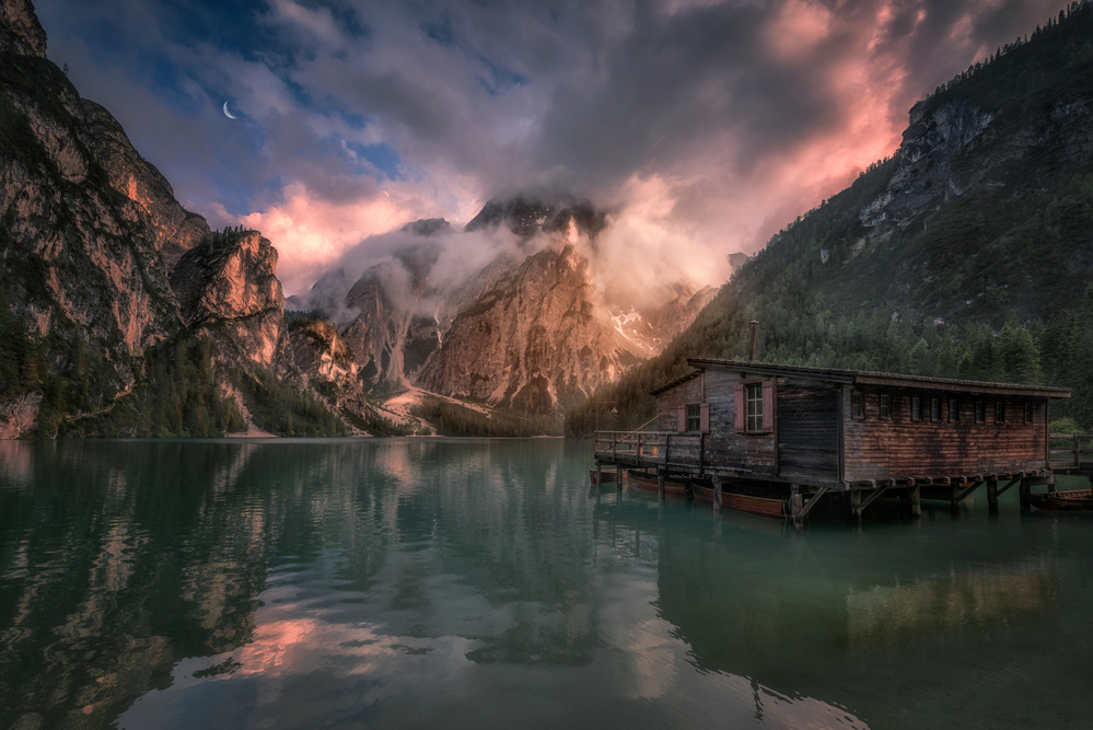 Mountain Lake Boathouse Glow by David Martin Castan — canvas wall art
