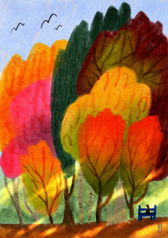 Cat On a Park Bench and Summer Trees by Dirkie Nell — canvas wall art