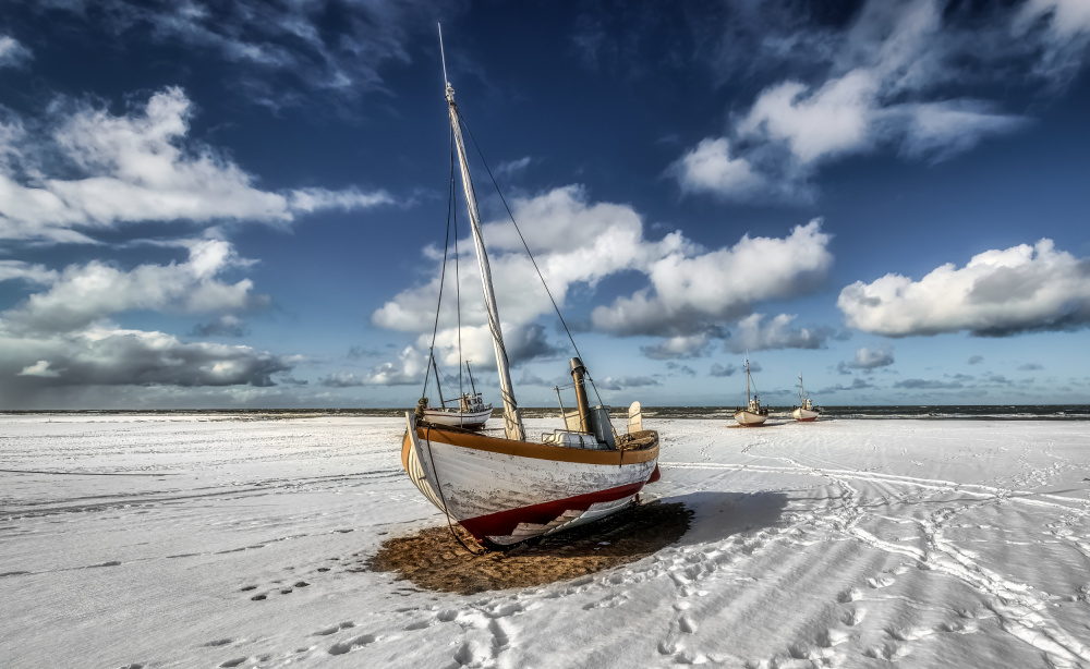 Rustic Boat Snowy Shore by Ole Moberg Steffensen — canvas wall art
