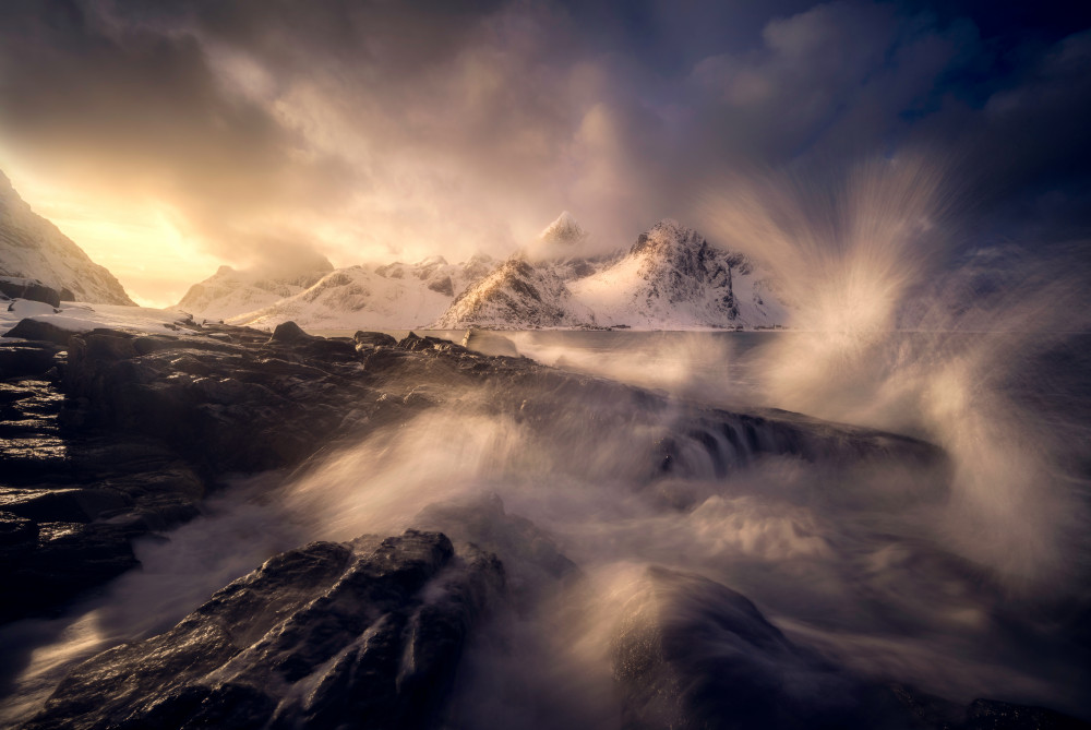 Crashing Waves Golden Light by Marian Kuric QEP — canvas wall art