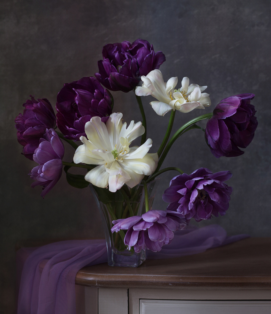 Purple White Tulip Bouquet by Alina Lankina — canvas wall art