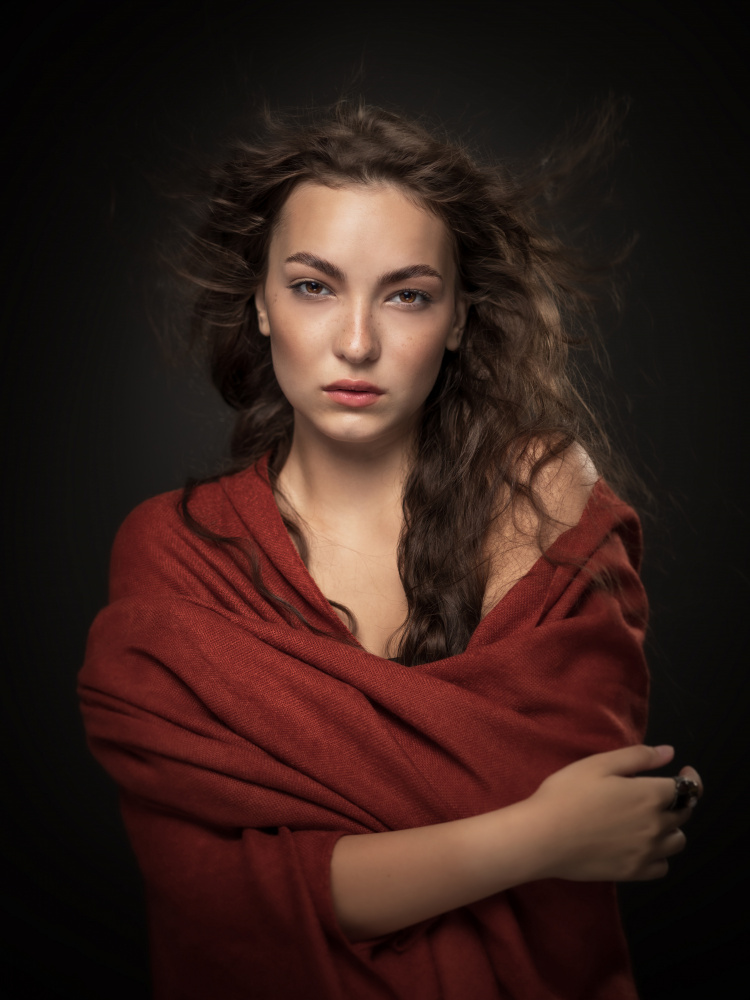 Pensive Woman in Red by Robert Girmencea — canvas wall art