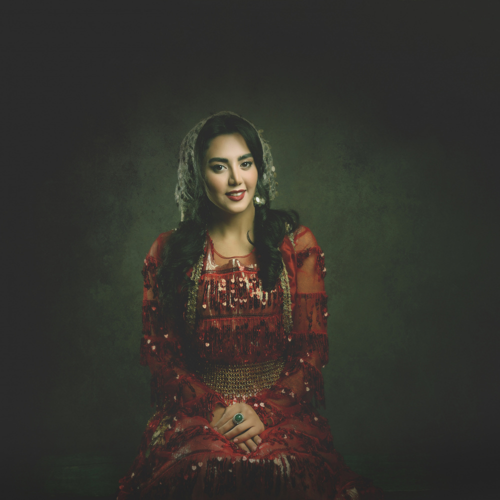 Smiling Woman Red Dress by Moein Hasheminasab — canvas wall art