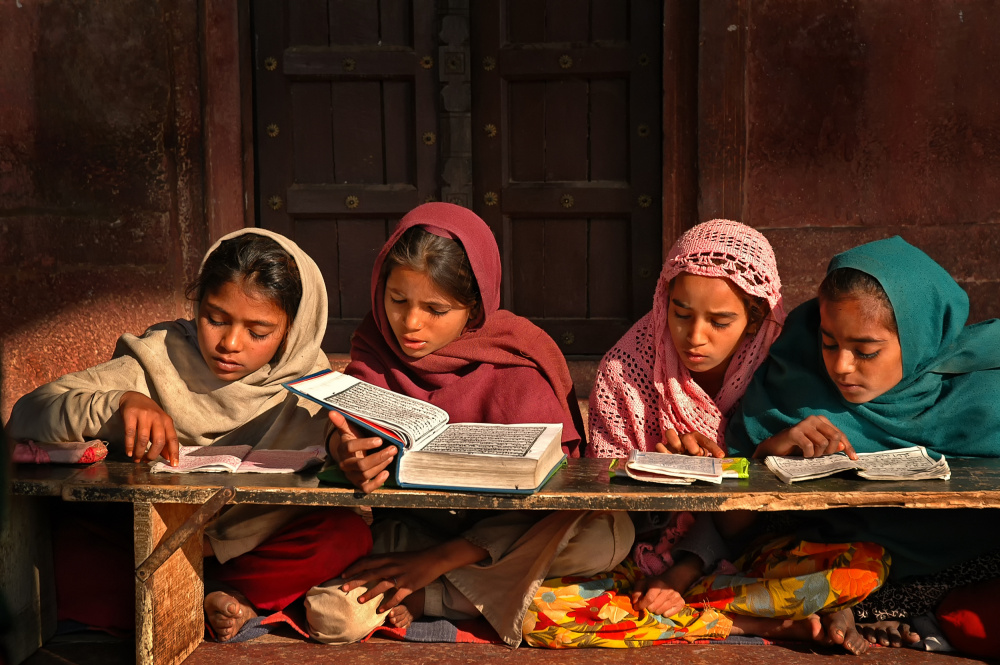 Young Girls Reading by Lou Urlings — canvas wall art
