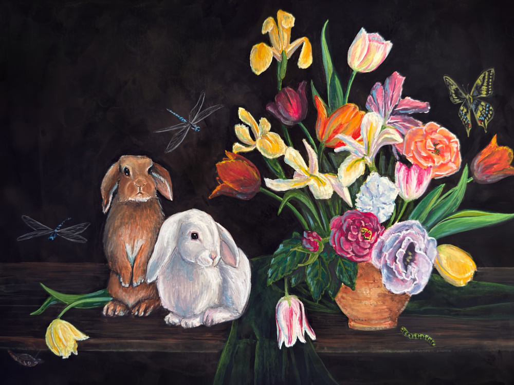 Rabbits and Spring Flowers by Renee Machan Cottagecore Artist — canvas wall art