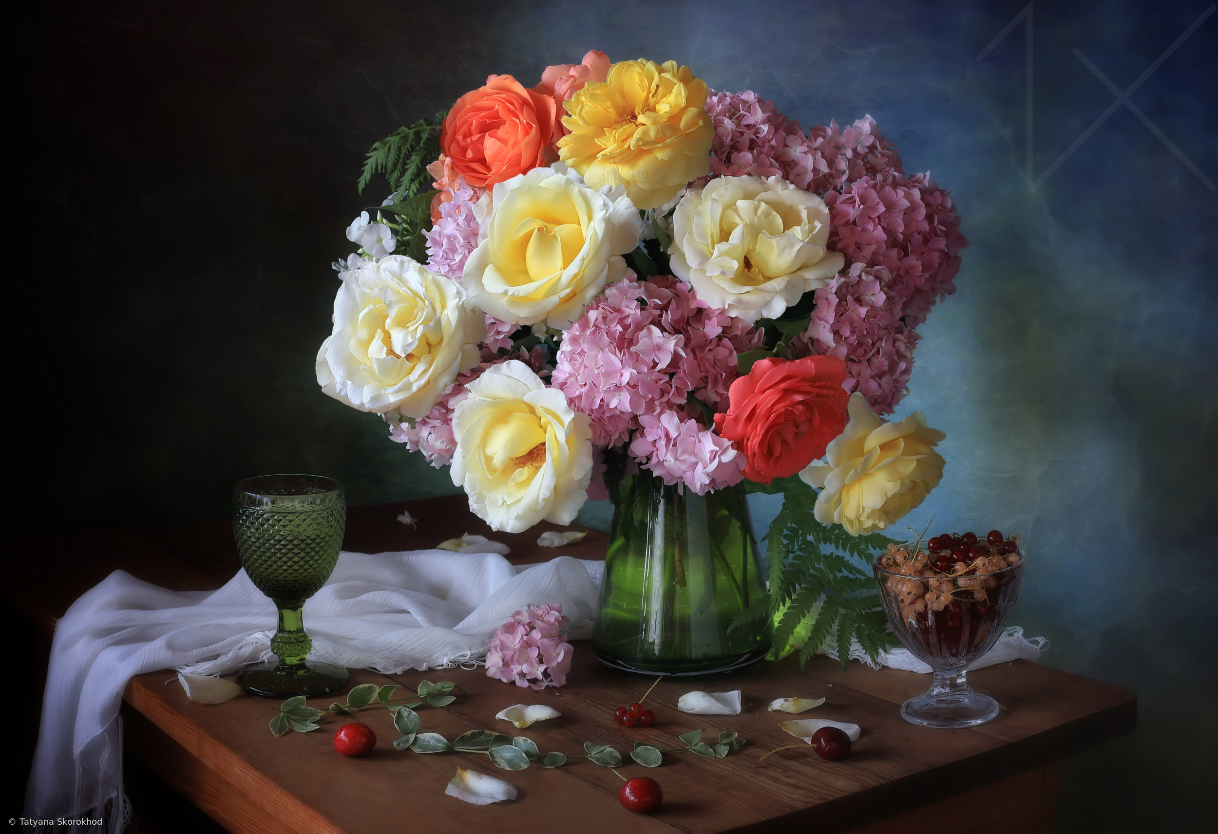 Still life with a bouquet of roses, wine and berries by Tatyana Skorokhod