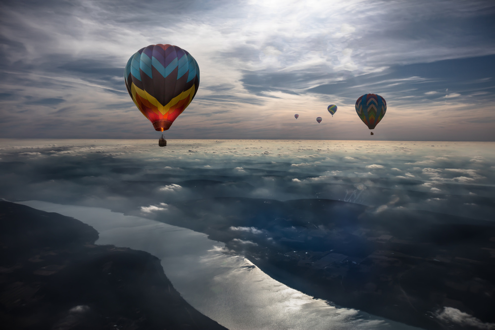 Balloons Over River Clouds by Heather Bonadio — canvas wall art