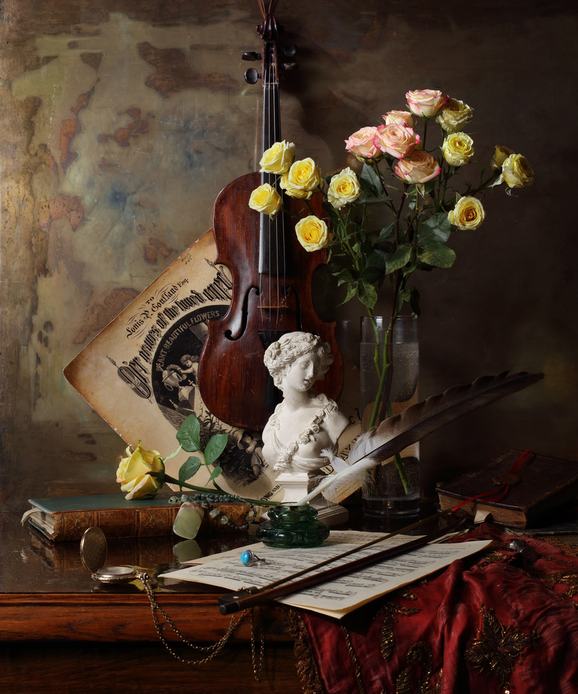 Classical Violin and Roses by Andrey Morozov — canvas wall art