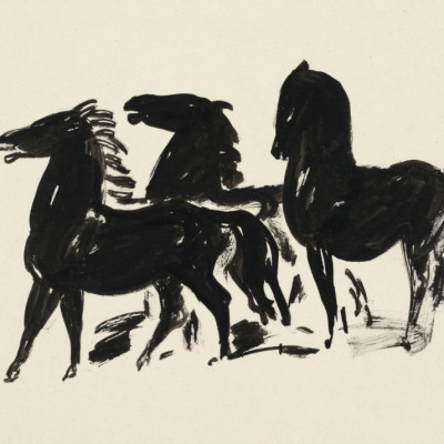 Drie Zwarte Paarden Staand Naar Links Kijkend (1935–1936) Drawing In High Resolution By Leo Gestel
