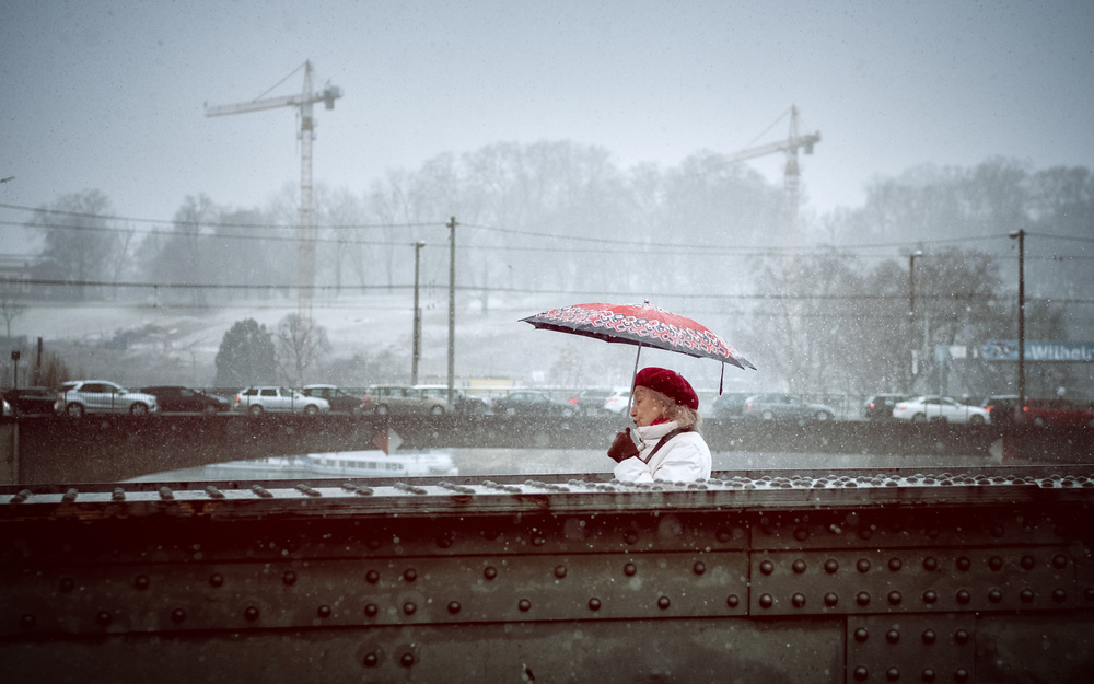 Red Umbrella Winter City by Jürgen Hartlieb — canvas wall art