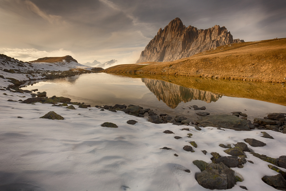 Golden Hour Mountain Reflection by Paolo Bolla — canvas wall art