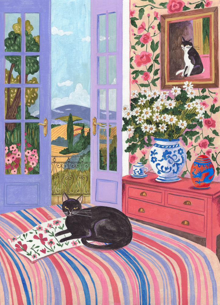 Black Cat on Bed French Doors Garden View by Caroline Bonne Müller — canvas wall art