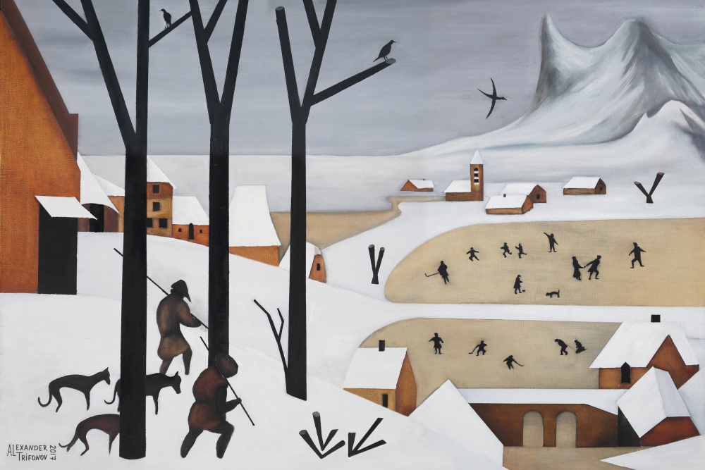 Hunters In Winter Village by Alexander Trifonov — canvas wall art