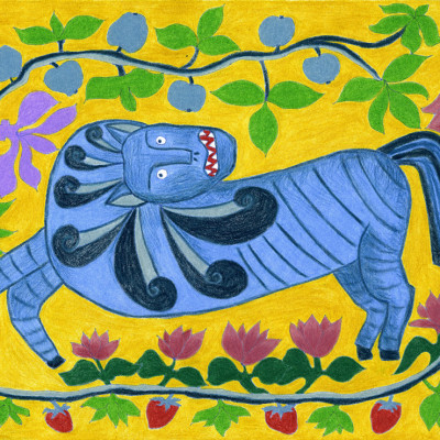 Whimsical Blue Folk Horse