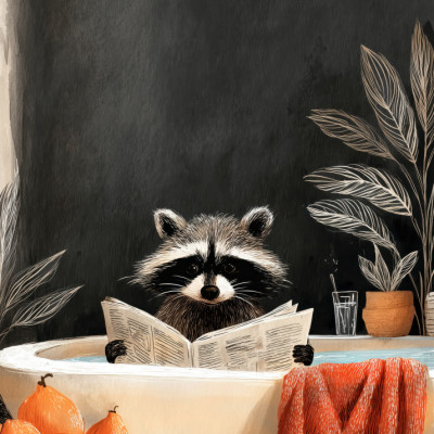 Raccoon Reading in Bath