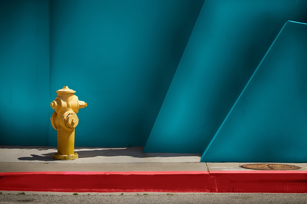 Yellow Hydrant Teal Wall by Roxana Labagnara — canvas wall art
