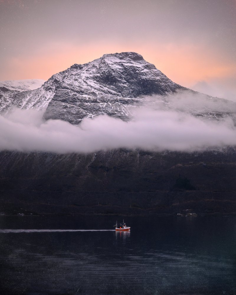 Snowy Peaks Fjord Boat by Kaspars Kurcens — canvas wall art