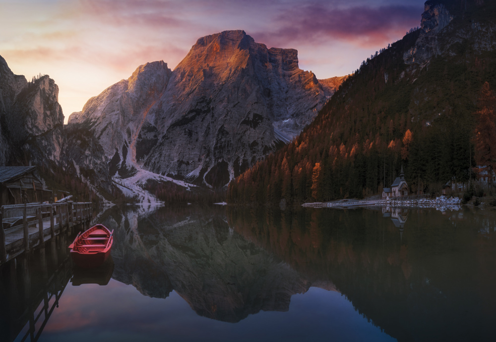 Red Boat Alpine Lake by joanaduenas — canvas wall art