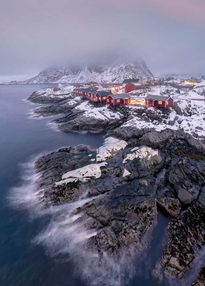 Red Cabins Snowy Coast by James Zhen Yu — canvas wall art