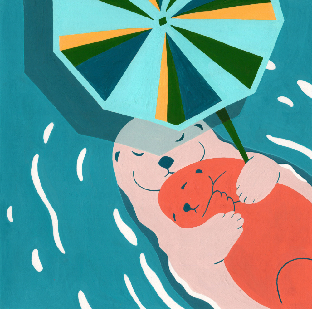 Cuddling Otters Under Umbrella by Julie Lesouef — canvas wall art