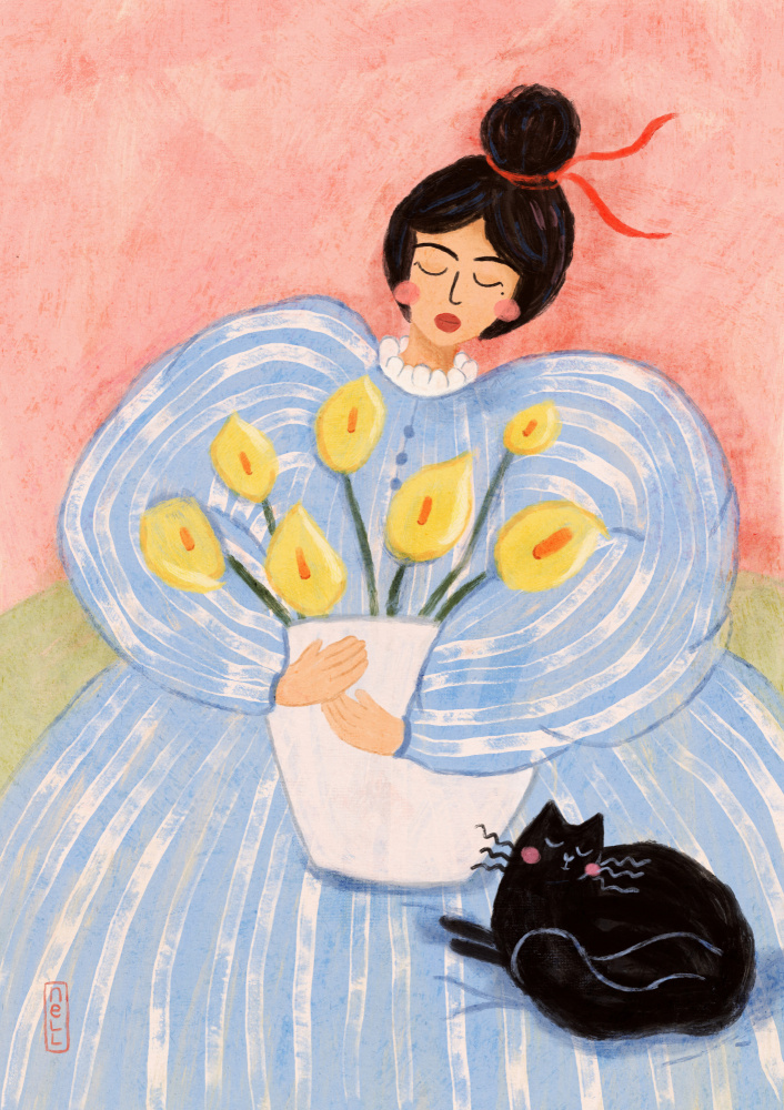 Woman With Flowers And Cat by Dirkie Nell — canvas wall art