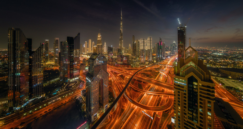 Vibrant Dubai Night Skyline by Bartolome Lopez — canvas wall art