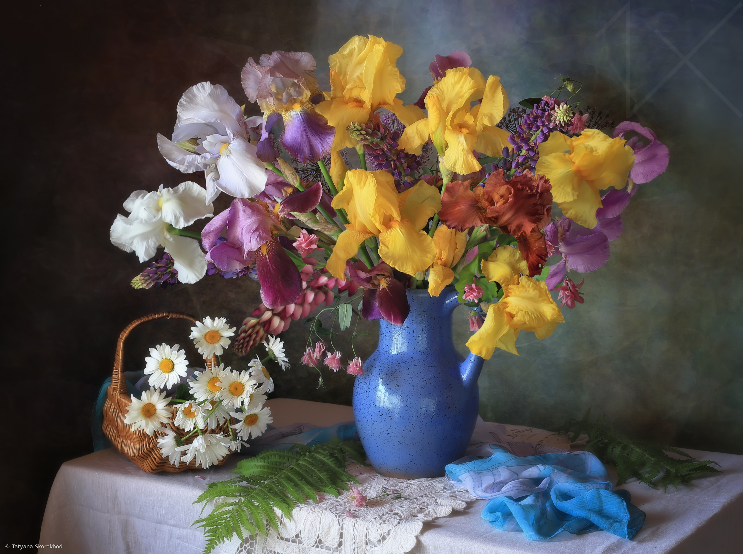 Still life with a bouquet of irises and daisies by Tatyana Skorokhod