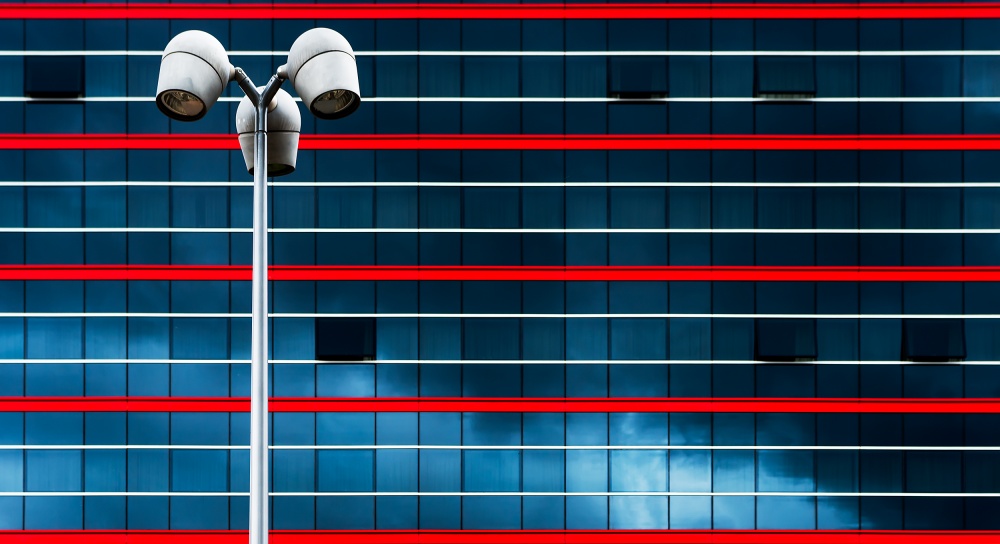 Modern Red Blue Architecture by E. de Juan — canvas wall art