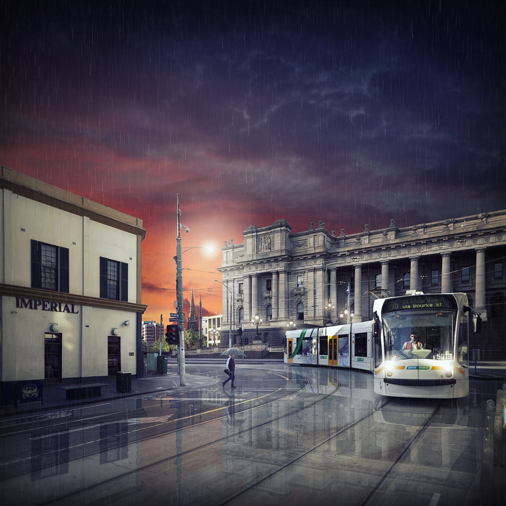 Trams on a Rainy Evening by Adrian Donoghue — canvas wall art