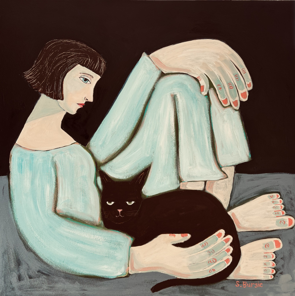 Pensive Woman Black Cat by Sharyn Bursic — canvas wall art