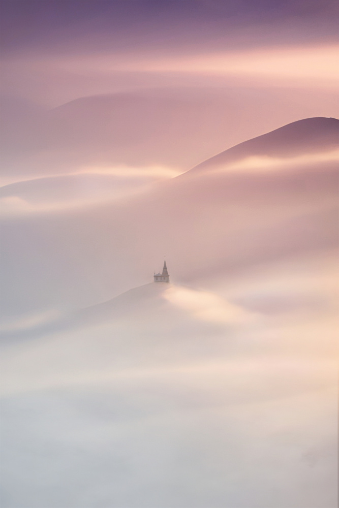 Misty Hilltop Church by Manu Allicot — canvas wall art