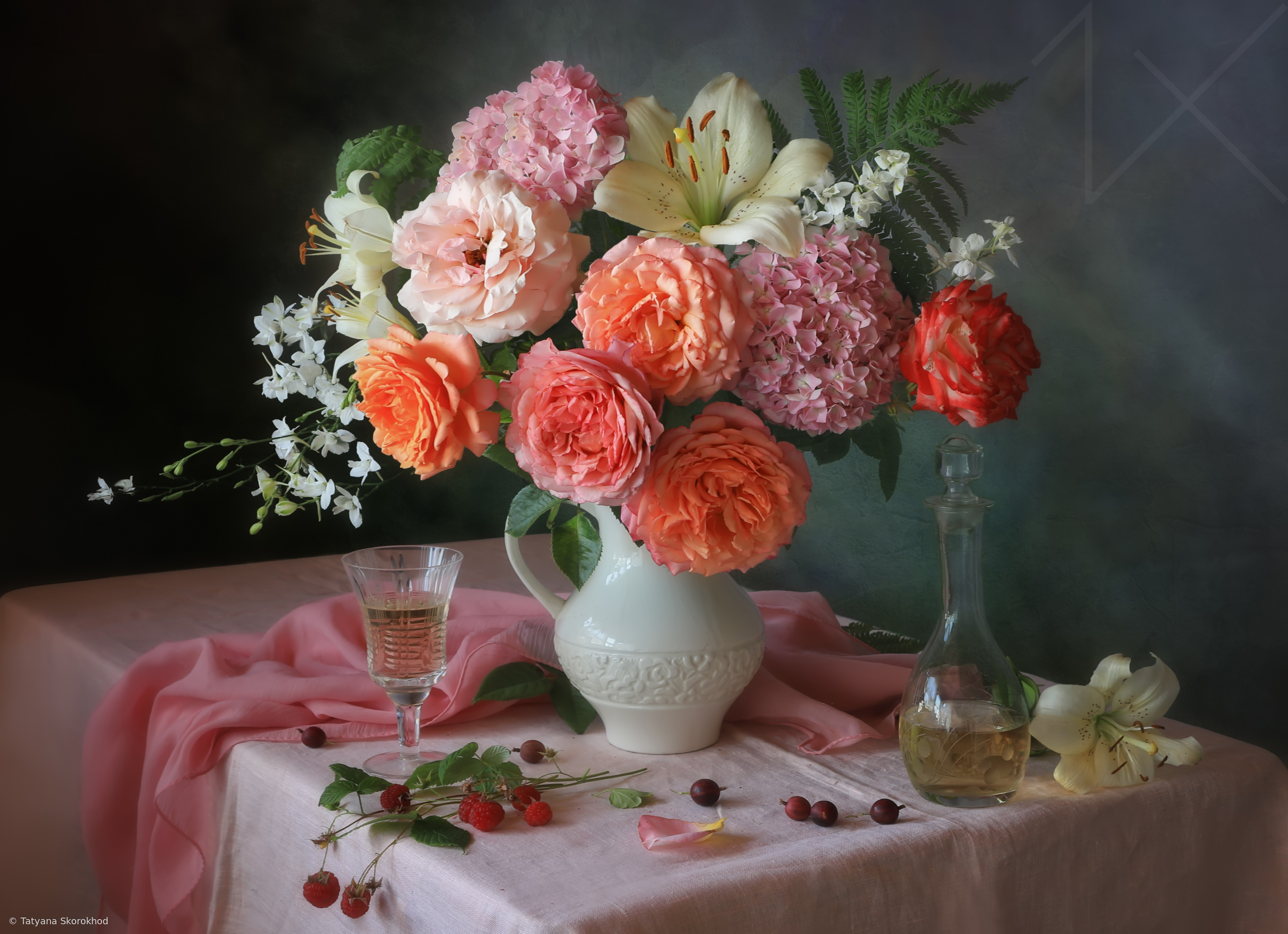 Still life with a bouquet of roses and lilies by Tatyana Skorokhod