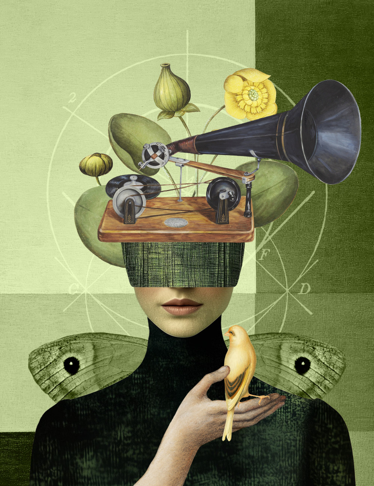 Phonograph Woman and Bird by Marja van den Hurk — canvas wall art