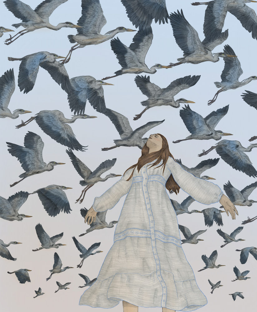 Woman And Flying Herons by EC Mazur — canvas wall art