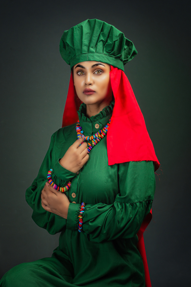 Striking Green Hat Portrait by DEBASISH CHATTOPADHYAY — canvas wall art