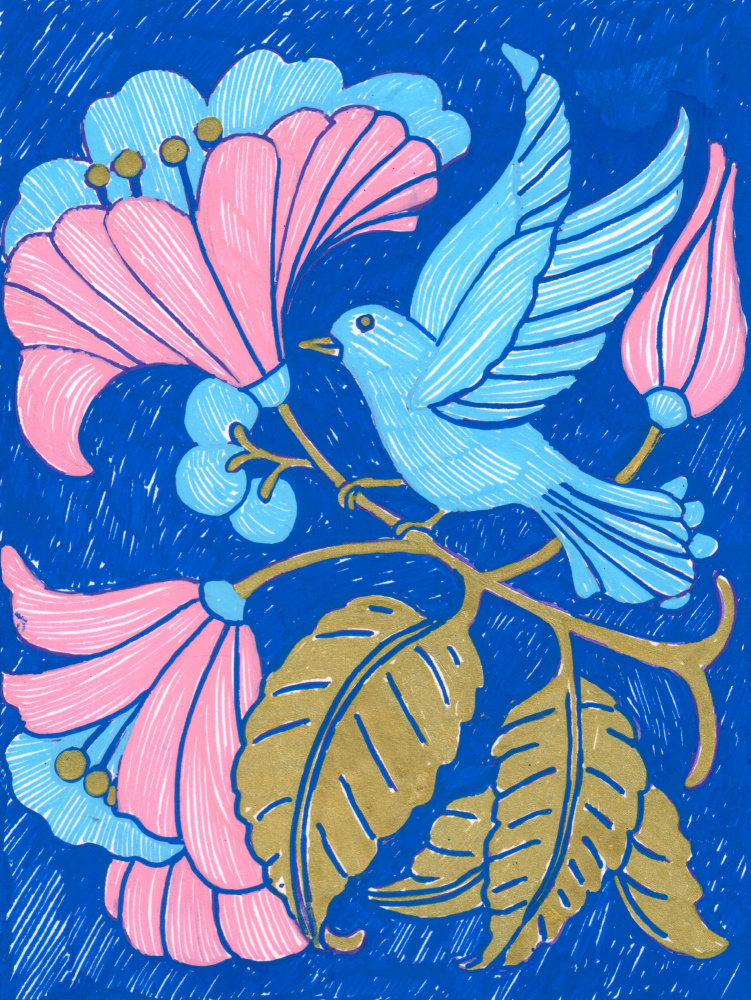 Blue Bird Pink Blooms by Katie O'Shea — canvas wall art