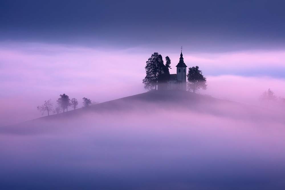 Misty Purple Church by Daniel Řeřicha — canvas wall art